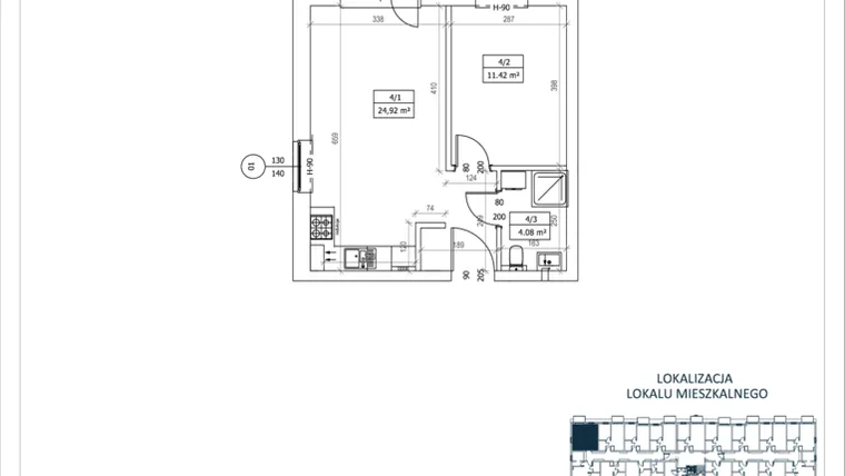Rzut - Mieszkanie na sprzedaż 2 pokoje o powierzchni 40,42 m² - numer M-4 w Przystań Lotnisko