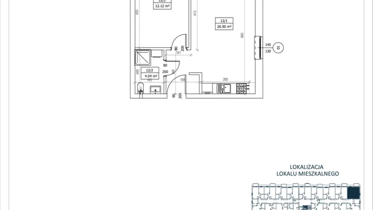 Rzut - Mieszkanie na sprzedaż 2 pokoje o powierzchni 43,06 m² - numer M-12 w Przystań Lotnisko