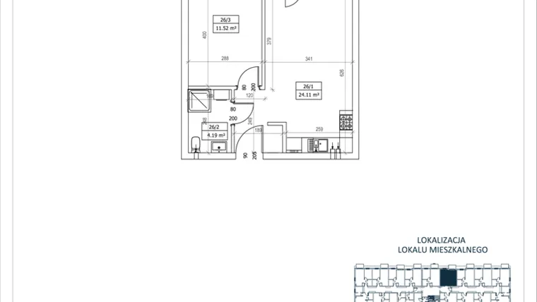 Rzut - Mieszkanie na sprzedaż 2 pokoje o powierzchni 39,82 m² - numer M-26 w Przystań Lotnisko