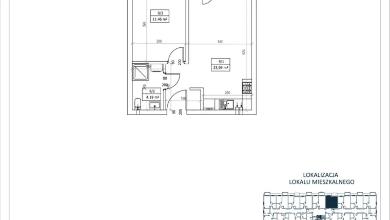 Rzut - Mieszkanie na sprzedaż 2 pokoje o powierzchni 39,64 m² - numer M-9 w Przystań Lotnisko