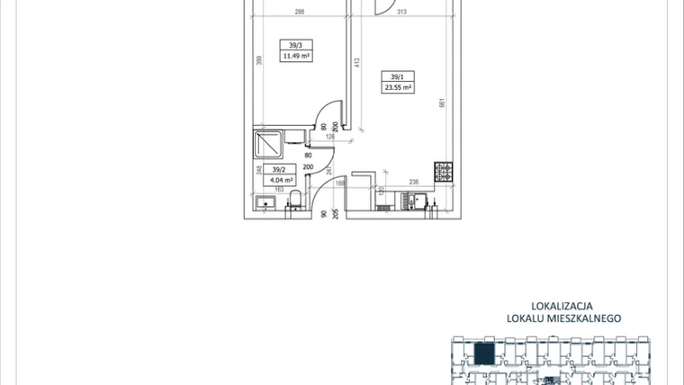 Rzut - Mieszkanie na sprzedaż 2 pokoje o powierzchni 39,08 m² - numer M-39 w Przystań Lotnisko