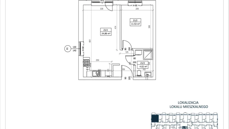 Rzut - Mieszkanie na sprzedaż 2 pokoje o powierzchni 40,43 m² - numer M-21 w Przystań Lotnisko