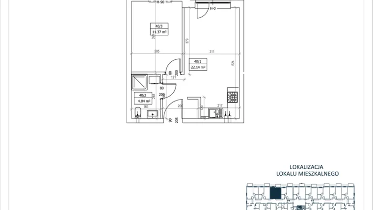 Rzut - Mieszkanie na sprzedaż 2 pokoje o powierzchni 37,55 m² - numer M-40 w Przystań Lotnisko