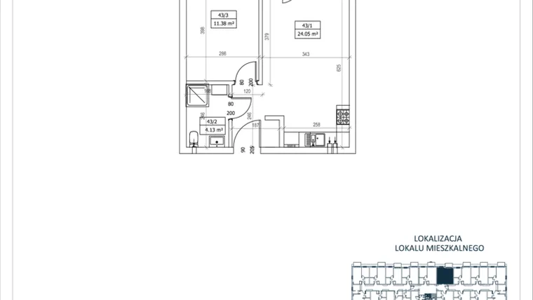 Rzut - Mieszkanie na sprzedaż 2 pokoje o powierzchni 39,56 m² - numer M-43 w Przystań Lotnisko