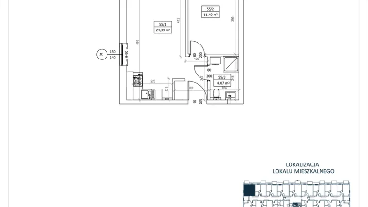 Rzut - Mieszkanie na sprzedaż 2 pokoje o powierzchni 39,95 m² - numer M-55 w Przystań Lotnisko