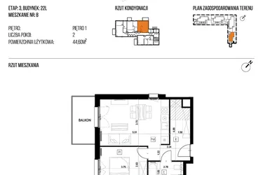 Rzut - Mieszkanie na sprzedaż 2 pokoje o powierzchni 44,6 m² - numer 22L/08 w Naturama III