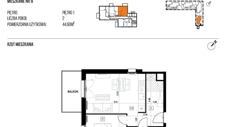 Rzut - Mieszkanie na sprzedaż 2 pokoje o powierzchni 44,6 m² - numer 22L/08 w Naturama III