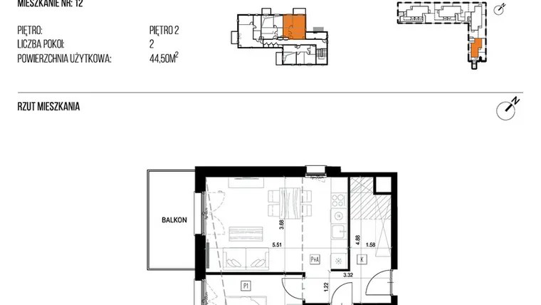 Rzut - Mieszkanie na sprzedaż 2 pokoje o powierzchni 44,5 m² - numer 22L/12 w Naturama III