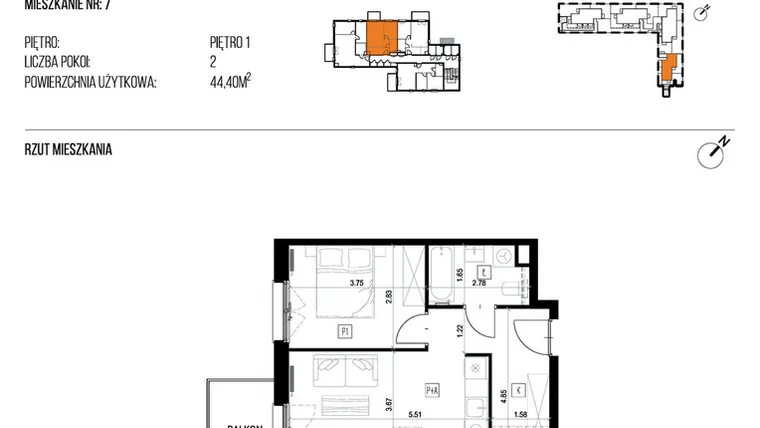 Rzut - Mieszkanie na sprzedaż 2 pokoje o powierzchni 44,4 m² - numer 22L/07 w Naturama III