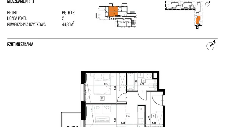 Rzut - Mieszkanie na sprzedaż 2 pokoje o powierzchni 44,3 m² - numer 22L/11 w Naturama III