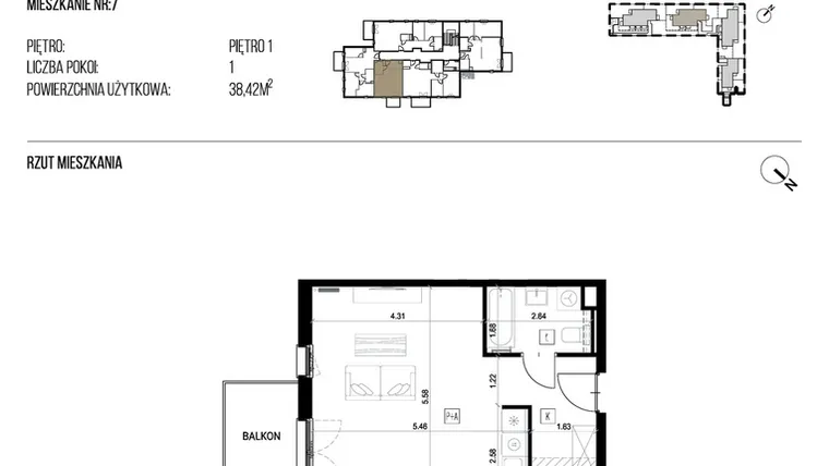 Rzut - Mieszkanie na sprzedaż 1 pokój o powierzchni 38,42 m² - numer 22N/07 w Naturama III