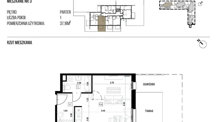 Rzut - Mieszkanie na sprzedaż 1 pokój o powierzchni 37,18 m² - numer 22P/03 w Naturama III