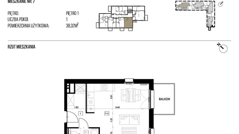 Rzut - Mieszkanie na sprzedaż 1 pokój o powierzchni 38,32 m² - numer 22P/07 w Naturama III