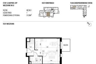 Rzut - Mieszkanie na sprzedaż 1 pokój o powierzchni 37,39 m² - numer 22P/08 w Naturama III