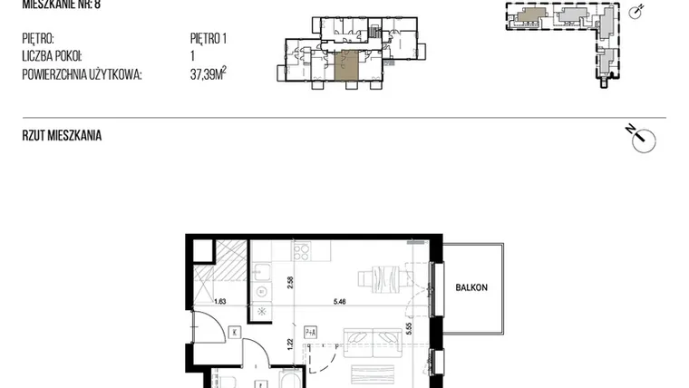 Rzut - Mieszkanie na sprzedaż 1 pokój o powierzchni 37,39 m² - numer 22P/08 w Naturama III