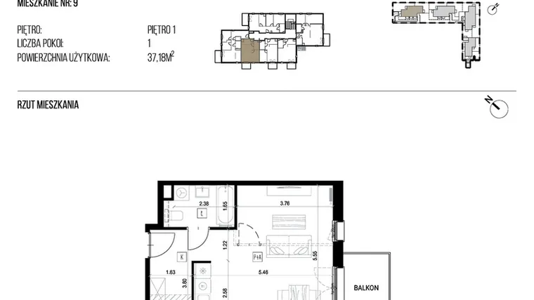 Rzut - Mieszkanie na sprzedaż 1 pokój o powierzchni 37,18 m² - numer 22P/09 w Naturama III