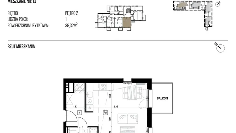 Rzut - Mieszkanie na sprzedaż 1 pokój o powierzchni 38,32 m² - numer 22P/13 w Naturama III