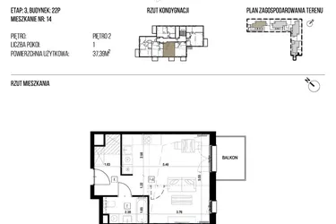 Rzut - Mieszkanie na sprzedaż 1 pokój o powierzchni 37,39 m² - numer 22P/14 w Naturama III