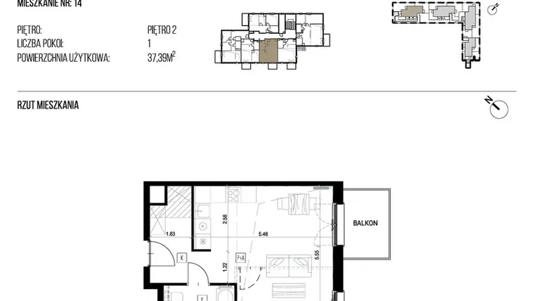 Rzut - Mieszkanie na sprzedaż 1 pokój o powierzchni 37,39 m² - numer 22P/14 w Naturama III