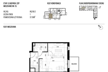 Rzut - Mieszkanie na sprzedaż 1 pokój o powierzchni 37,18 m² - numer 22P/15 w Naturama III