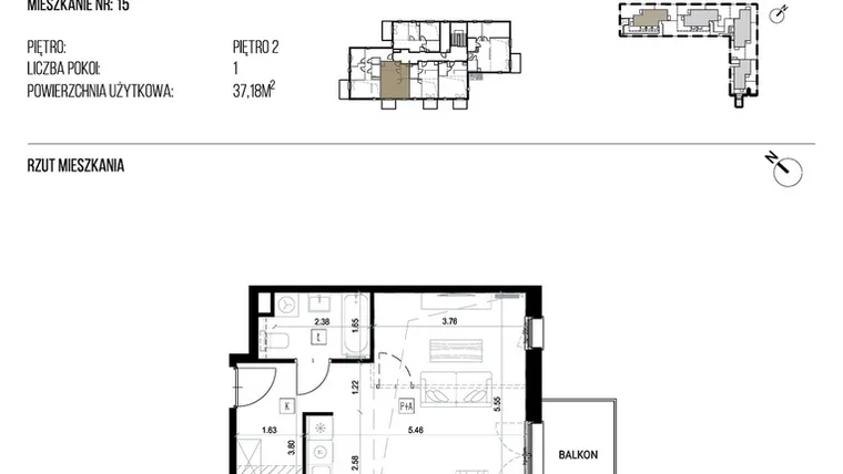Rzut - Mieszkanie na sprzedaż 1 pokój o powierzchni 37,18 m² - numer 22P/15 w Naturama III