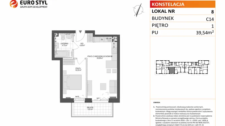 Rzut - Mieszkanie na sprzedaż 2 pokoje o powierzchni 39,54 m² - numer C14.8 w Konstelacja etap VII