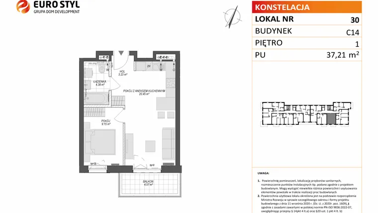 Rzut - Mieszkanie na sprzedaż 2 pokoje o powierzchni 37,21 m² - numer C14.30 w Konstelacja etap VII