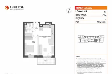 Rzut - Mieszkanie na sprzedaż 2 pokoje o powierzchni 40,21 m² - numer C14.31 w Konstelacja etap VII