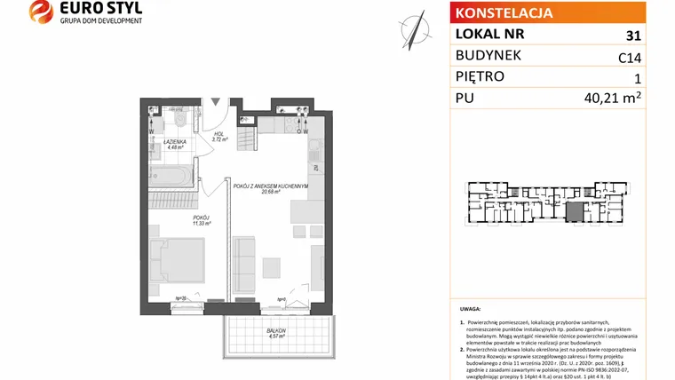 Rzut - Mieszkanie na sprzedaż 2 pokoje o powierzchni 40,21 m² - numer C14.31 w Konstelacja etap VII