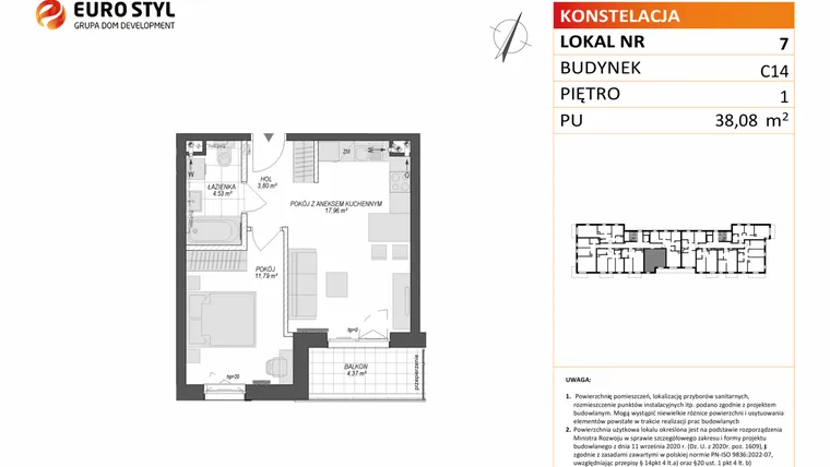Rzut - Mieszkanie na sprzedaż 2 pokoje o powierzchni 38,08 m² - numer C14.7 w Konstelacja etap VII
