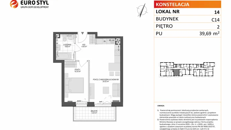 Rzut - Mieszkanie na sprzedaż 2 pokoje o powierzchni 39,69 m² - numer C14.14 w Konstelacja etap VII