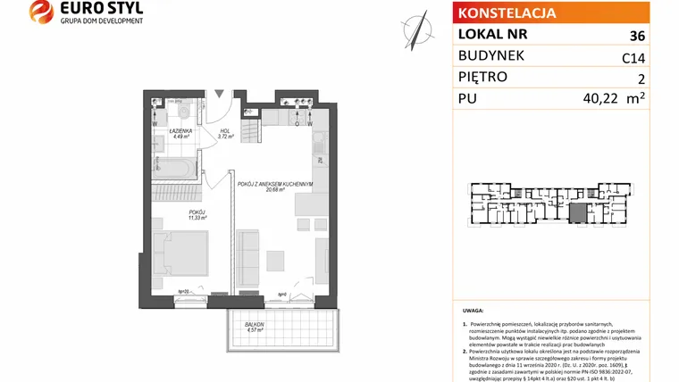 Rzut - Mieszkanie na sprzedaż 2 pokoje o powierzchni 40,22 m² - numer C14.36 w Konstelacja etap VII