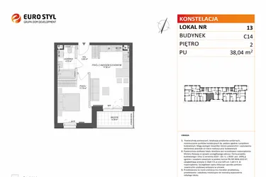 Rzut - Mieszkanie na sprzedaż 2 pokoje o powierzchni 38,04 m² - numer C14.13 w Konstelacja etap VII