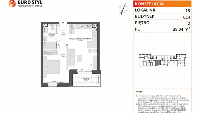 Rzut - Mieszkanie na sprzedaż 2 pokoje o powierzchni 38,04 m² - numer C14.13 w Konstelacja etap VII