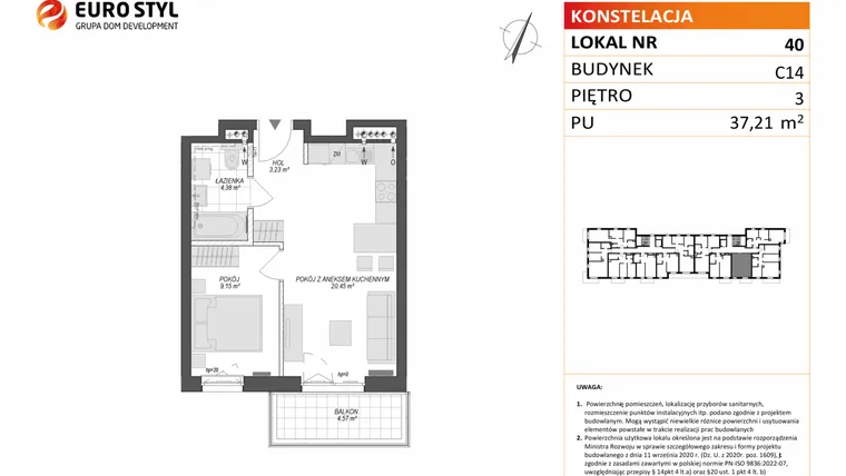 Rzut - Mieszkanie na sprzedaż 2 pokoje o powierzchni 37,21 m² - numer C14.40 w Konstelacja etap VII