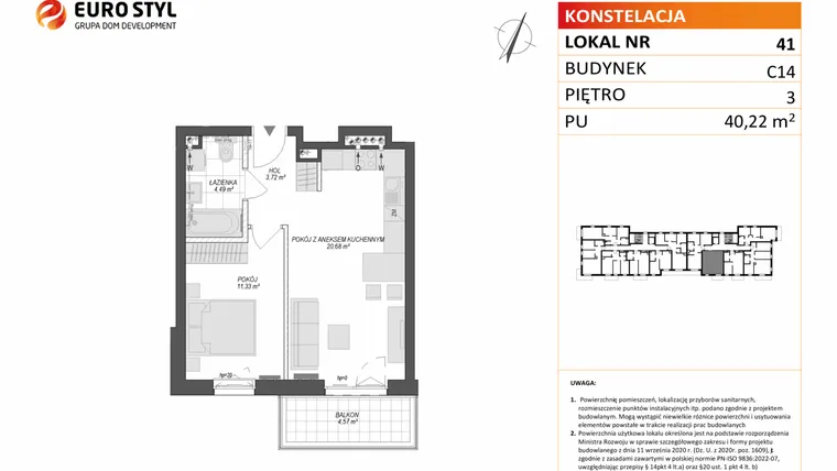 Rzut - Mieszkanie na sprzedaż 2 pokoje o powierzchni 40,22 m² - numer C14.41 w Konstelacja etap VII