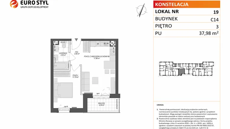 Rzut - Mieszkanie na sprzedaż 2 pokoje o powierzchni 37,98 m² - numer C14.19 w Konstelacja etap VII