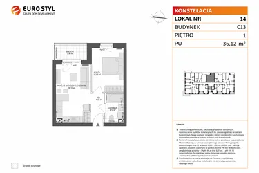 Rzut - Mieszkanie na sprzedaż 2 pokoje o powierzchni 36,12 m² - numer C13.14 w Konstelacja etap VII