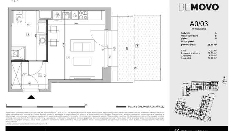 Rzut - Mieszkanie na sprzedaż 1 pokój o powierzchni 26,37 m² - numer A0/03 w BeMovo
