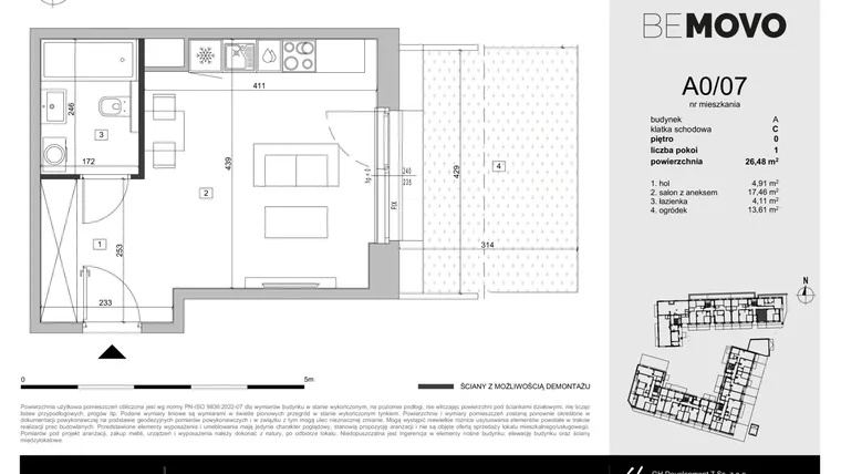 Rzut - Mieszkanie na sprzedaż 1 pokój o powierzchni 26,48 m² - numer A0/07 w BeMovo