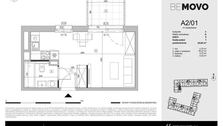 Rzut - Mieszkanie na sprzedaż 1 pokój o powierzchni 25,84 m² - numer A2/01 w BeMovo