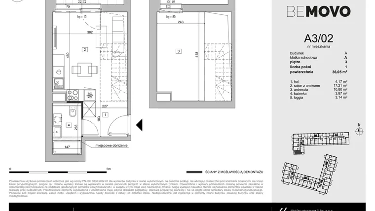 Rzut - Mieszkanie na sprzedaż 1 pokój o powierzchni 36,05 m² - numer A3/02 w BeMovo