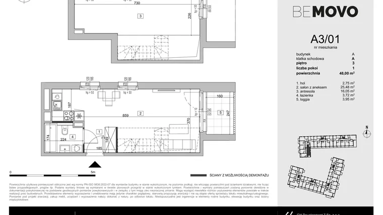 Rzut - Mieszkanie na sprzedaż 1 pokój o powierzchni 48 m² - numer A3/01 w BeMovo