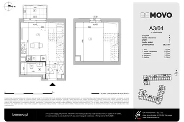 Rzut - Mieszkanie na sprzedaż 1 pokój o powierzchni 36,82 m² - numer A3/04 w BeMovo