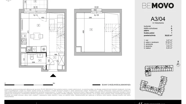 Rzut - Mieszkanie na sprzedaż 1 pokój o powierzchni 36,82 m² - numer A3/04 w BeMovo