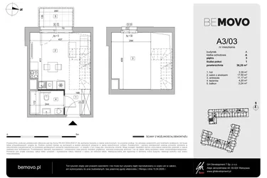 Rzut - Mieszkanie na sprzedaż 1 pokój o powierzchni 36,26 m² - numer A3/03 w BeMovo