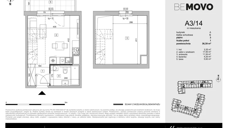 Rzut - Mieszkanie na sprzedaż 1 pokój o powierzchni 36,39 m² - numer A3/14 w BeMovo