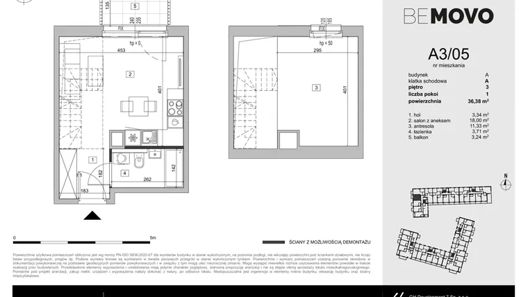 Rzut - Mieszkanie na sprzedaż 1 pokój o powierzchni 36,38 m² - numer A3/05 w BeMovo
