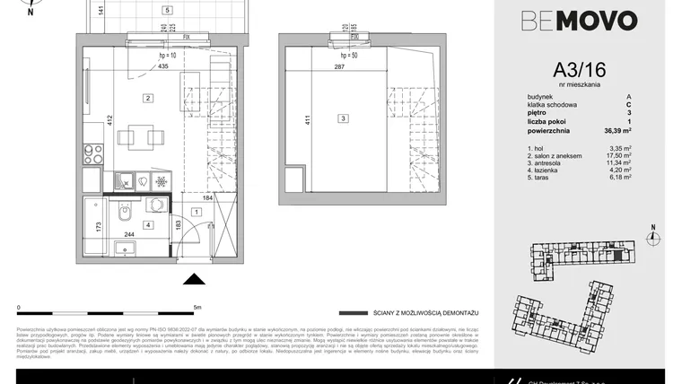Rzut - Mieszkanie na sprzedaż 1 pokój o powierzchni 36,39 m² - numer A3/16 w BeMovo