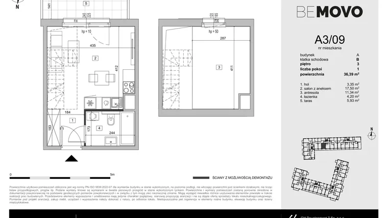 Rzut - Mieszkanie na sprzedaż 1 pokój o powierzchni 36,39 m² - numer A3/09 w BeMovo